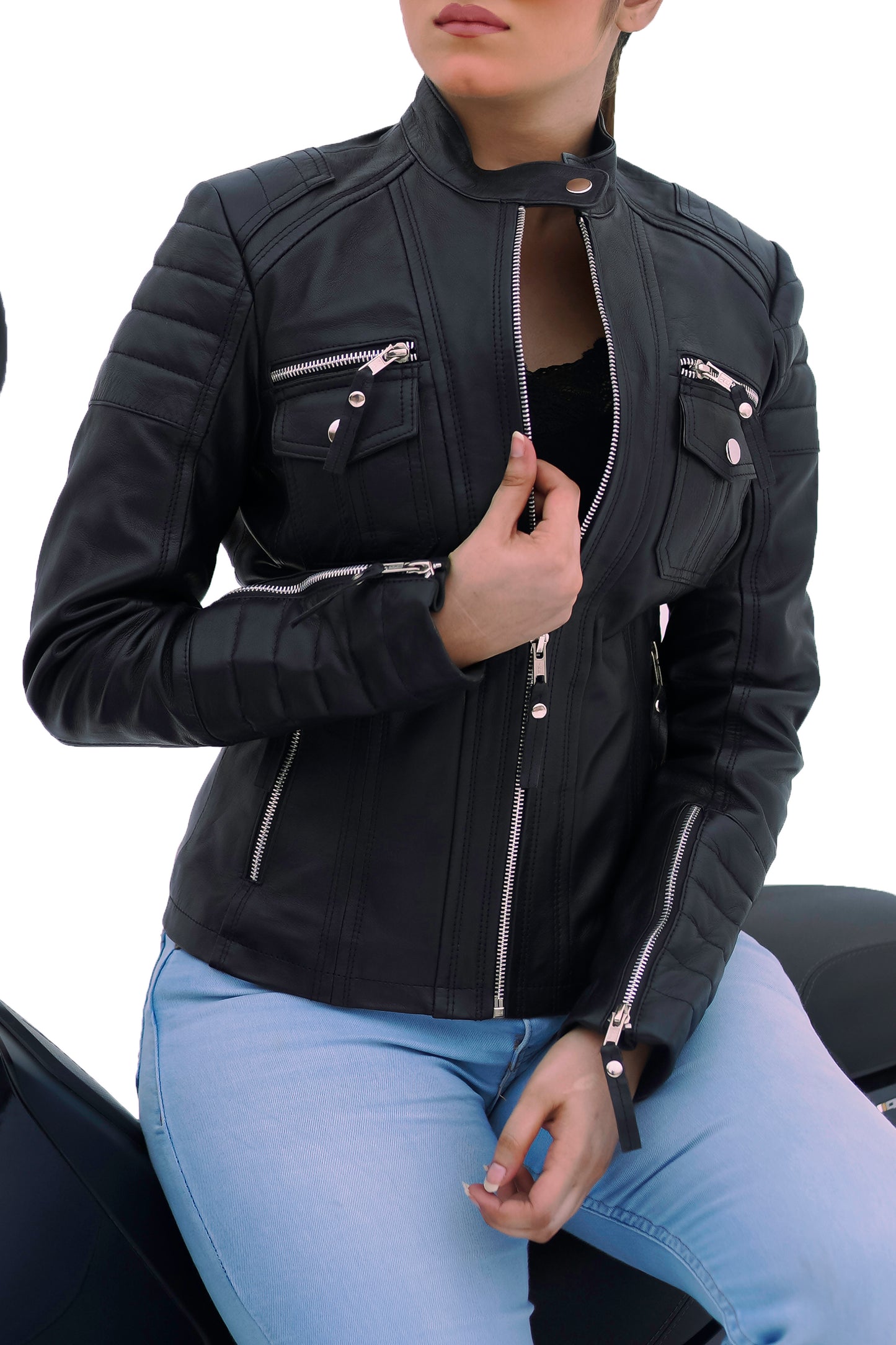 New Women's Black Slim Fit Biker Moto Style Real Leather Jacket