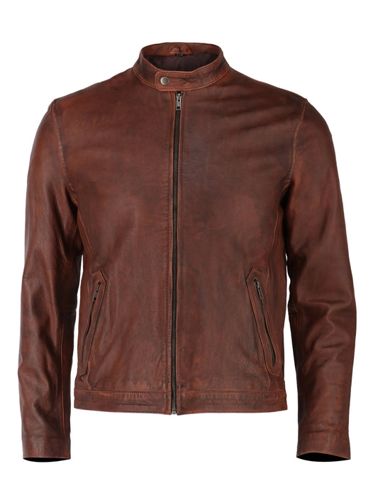 Distressed Cafe Racer Brown Leather Jacket | Majestic Leather — front view | Majestic Leather UK