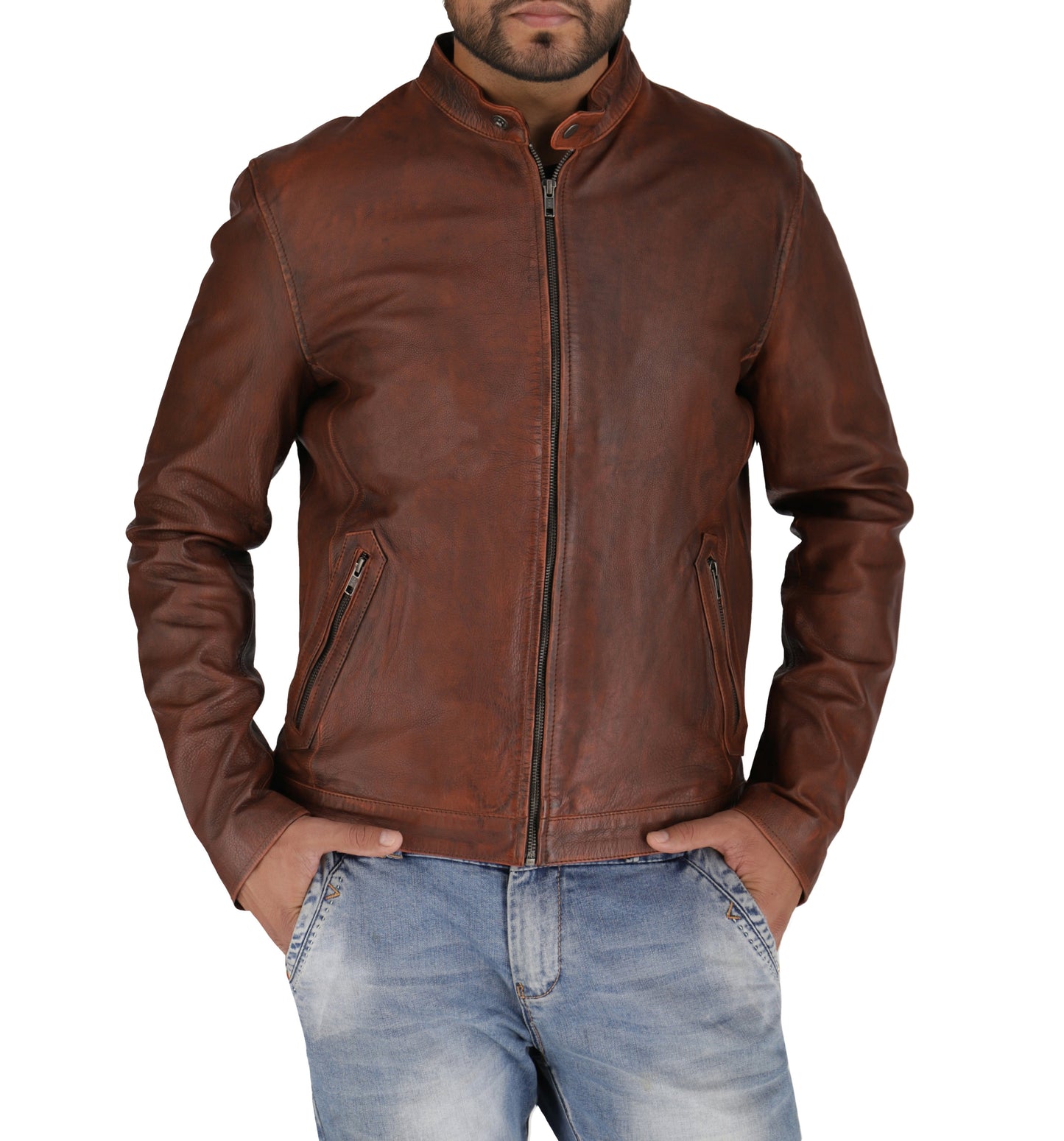 Distressed Cafe Racer Brown Leather Jacket | Majestic Leather — back view | Majestic Leather UK