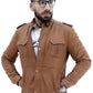 Men's New Biker Light Tan Brown Lambskin Leather Shirt | Majestic Leather Majestic Leather