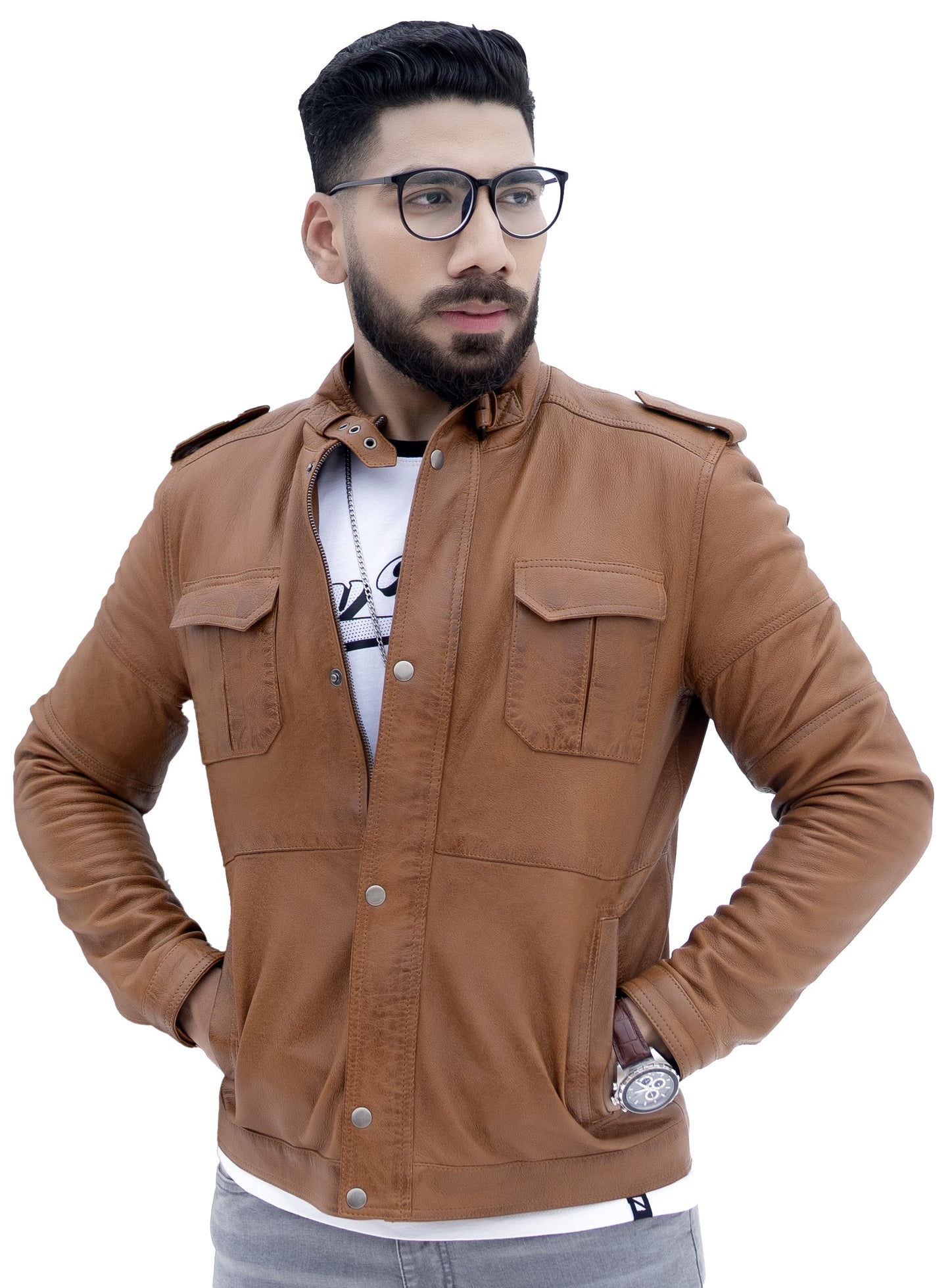 Men's New Biker Light Tan Brown Lambskin Leather Shirt | Majestic Leather Majestic Leather