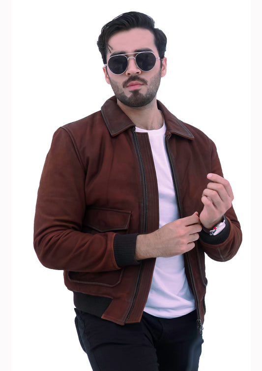 NEW AVIATOR BOMBER PILOT REDDISH BROWN NUBUCK LEATHER JACKET