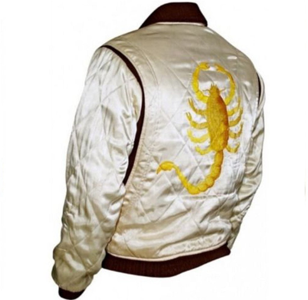 Majestic Leather - Drive Scorpion Ivory Satin Slim Fit Ryan Gosling Movie Bomber Quilted Jacket