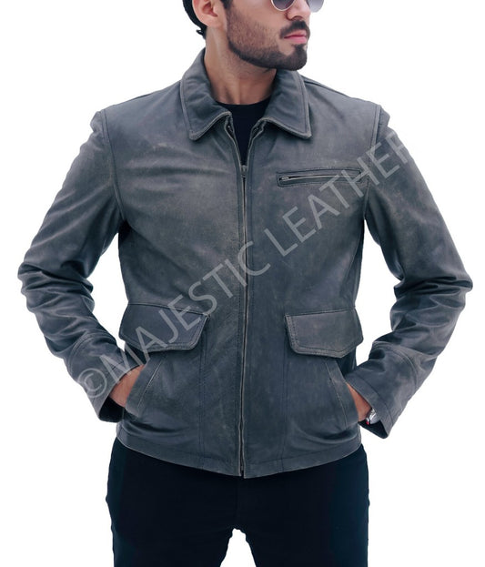 Majestic Leather - MEN'S AVIATOR DISTRESS BLACK GREY REAL LEATHER JACKET