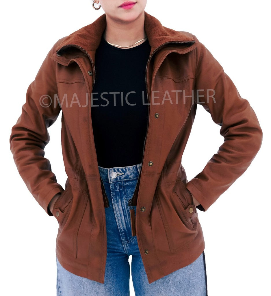 Majestic Leather - Women Real Lambskin Camel Brown THREE-QUARTER Biker Leather Coat