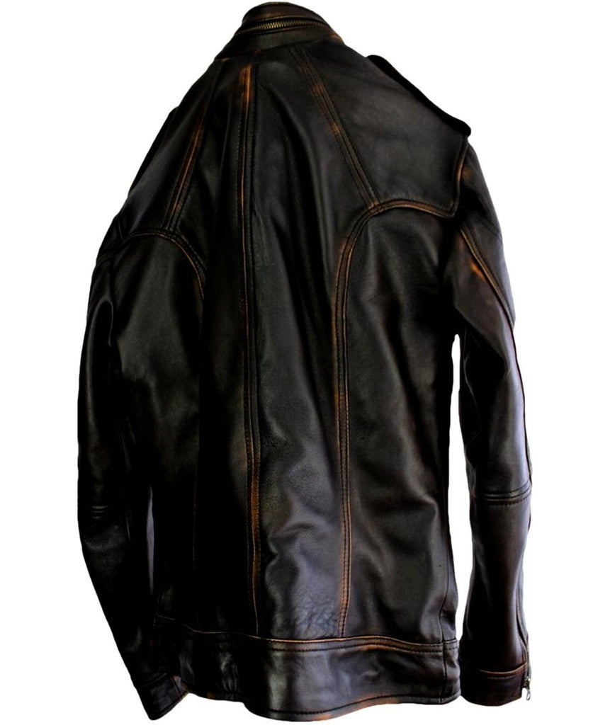 Majestic Leather - Mens Biker Motorcycle Vintage Cafe Racer Distressed Black Real Leather Jacket
