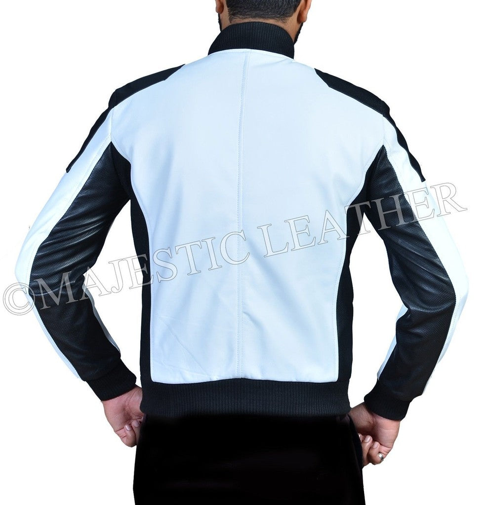 Majestic Leather - Mens Leather Bomber Slim Fit White and Black Real Soft Perforated Leather Jacket