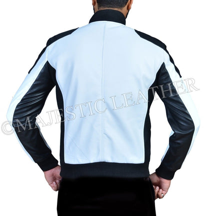 Majestic Leather - Mens Leather Bomber Slim Fit White and Black Real Soft Perforated Leather Jacket