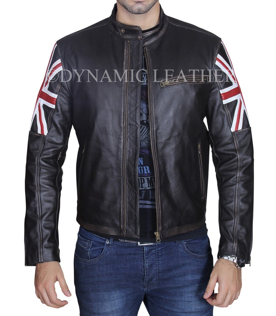 Majestic Leather - Mens Biker Vintage Distressed Brown Union Jack Cafe Racer Leather Jacket
