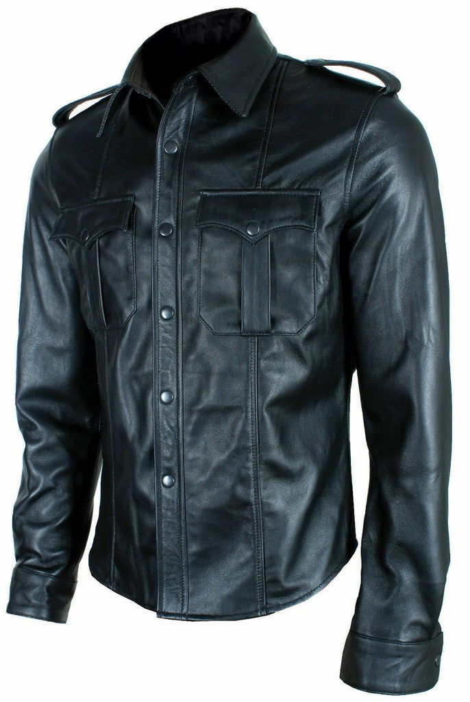 Majestic Leather - MENS HOT REAL SHEEP LEATHER POLICE UNIFORM BLUFF GAY SHIRT FULL SLEEVES