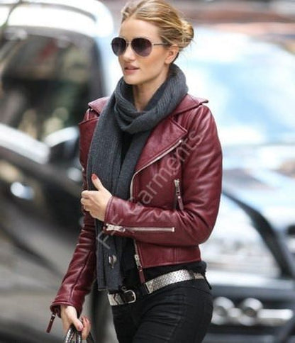 Majestic Leather - Ladies Women Brando Burgandy Leather Motorcycle Slim Fit Short Body Jacket