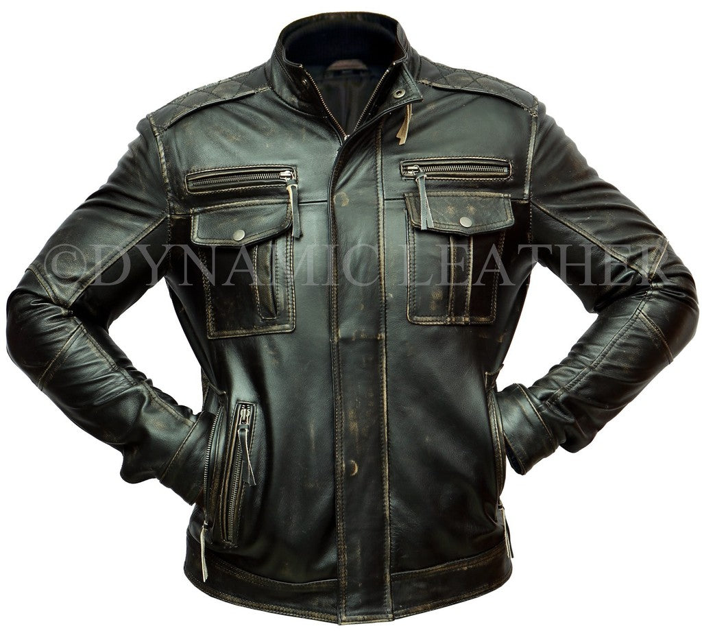 Majestic Leather - Men's Vintage Rivet Biker Style Motorcycle Cafe Racer Distressed Leather Jacket