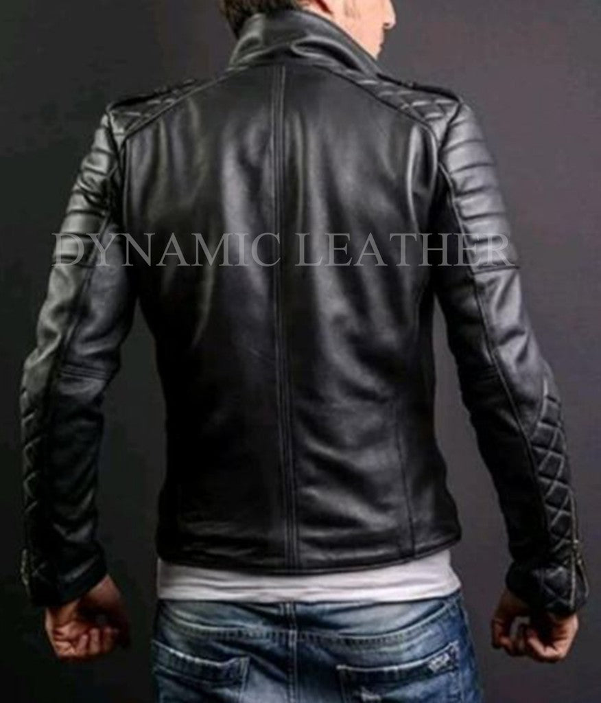 Majestic Leather - MEN’S FASHION GENUINE LEATHER SLIM FIT QUILTED BLACK LEATHER BIKER JACKET