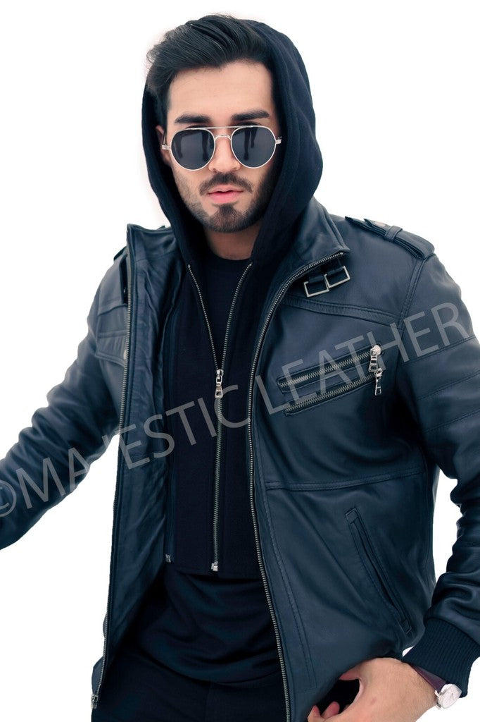 Majestic Leather - New Men's Genuine Real Leather Jacket Black Bomber Winter Hooded Jacket Coat