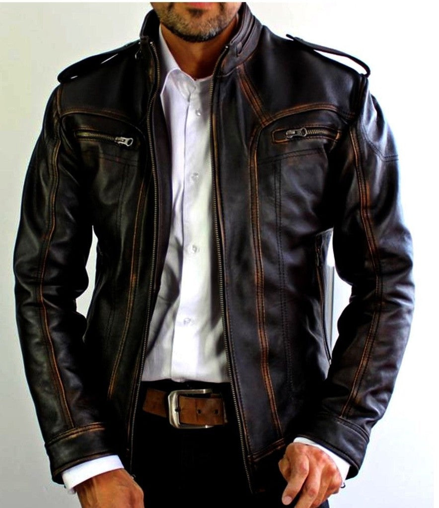Majestic Leather - Mens Biker Motorcycle Vintage Cafe Racer Distressed Black Real Leather Jacket