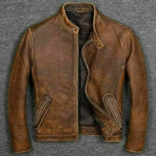 Majestic Leather - Mens Motorcycle Cafe Racer Vintage Biker Brown Distressed Real Leather Jacket