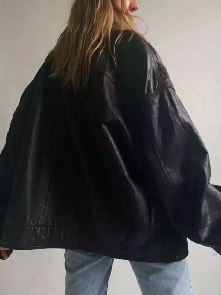 Majestic Leather - 90's Women Casual Oversize Bomber Lambskin Soft Real Leather Jacket