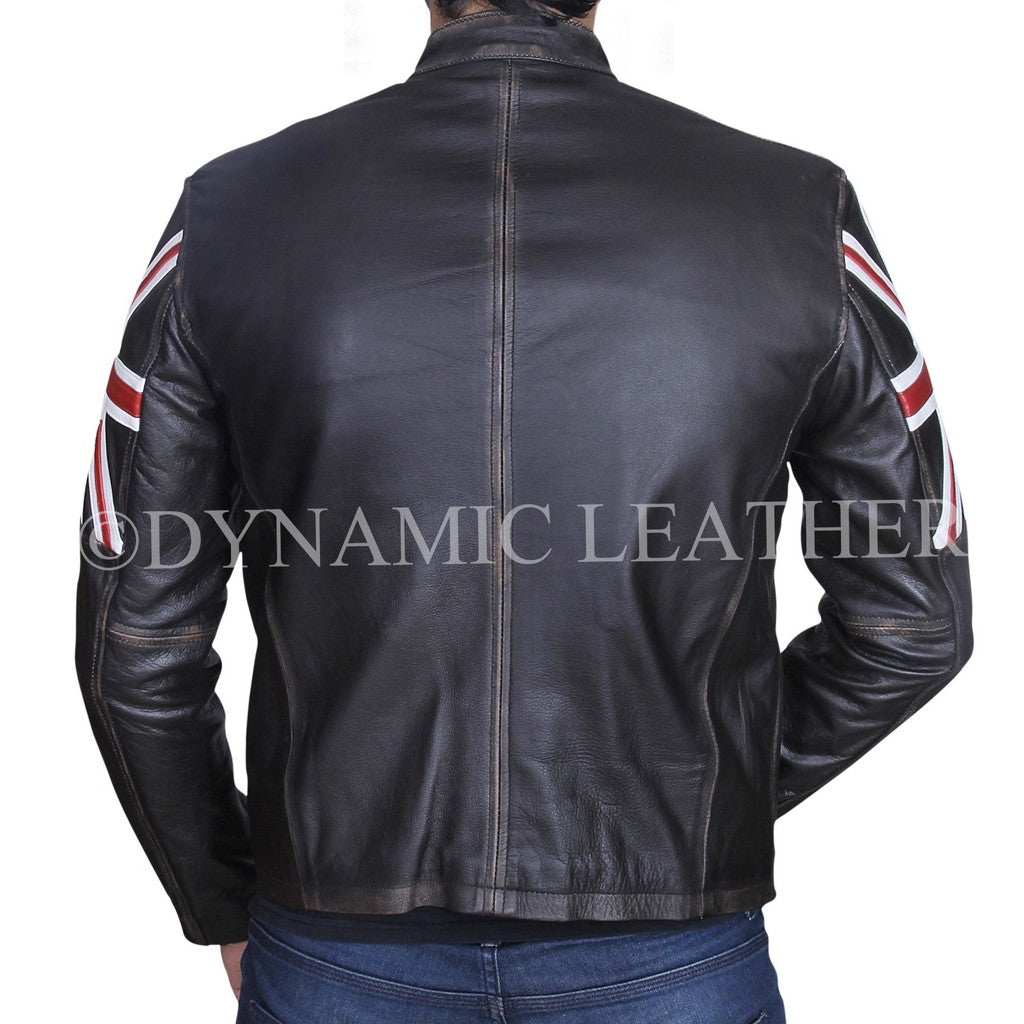 Majestic Leather - Mens Biker Vintage Distressed Brown Union Jack Cafe Racer Leather Jacket