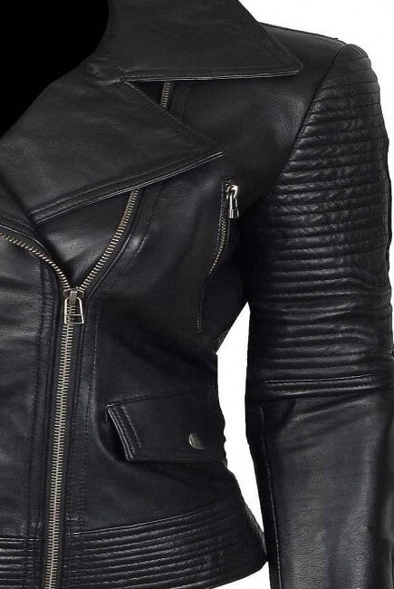 Majestic Leather - Women's Stylish Gal Gadot Black Slim Fit Biker Style Moto Real Leather Jacket
