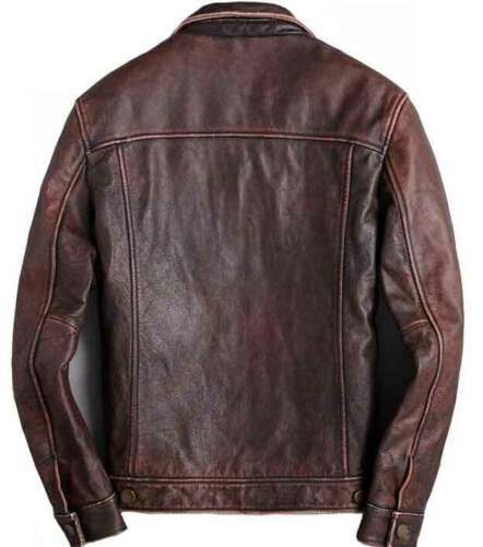 Majestic Leather - Mens Trucker Brown Real Genuine Leather Biker Cafe Racer vintage Jacket