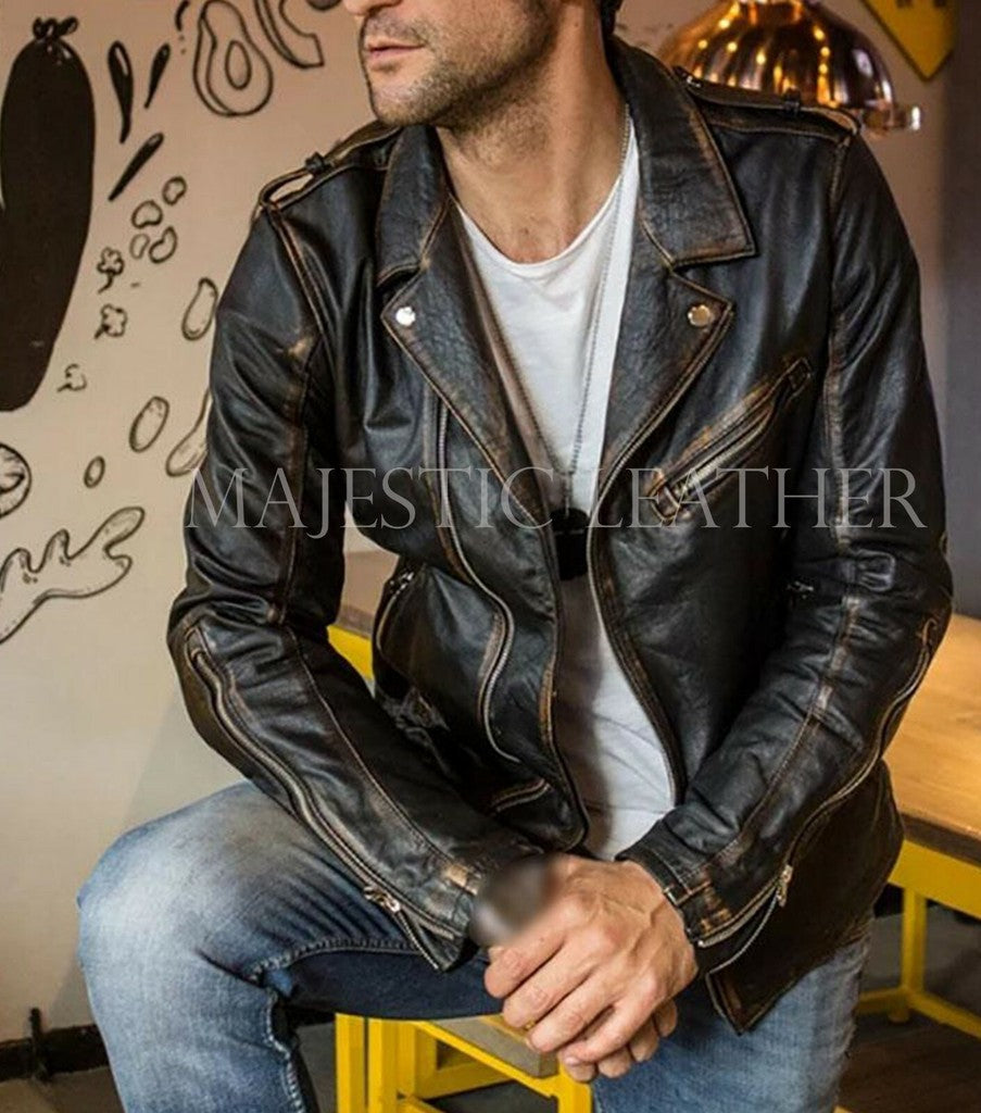 Majestic Leather - Mens Black Biker Vintage Distressed Motorcycle Cafe Racer Real Leather Jacket
