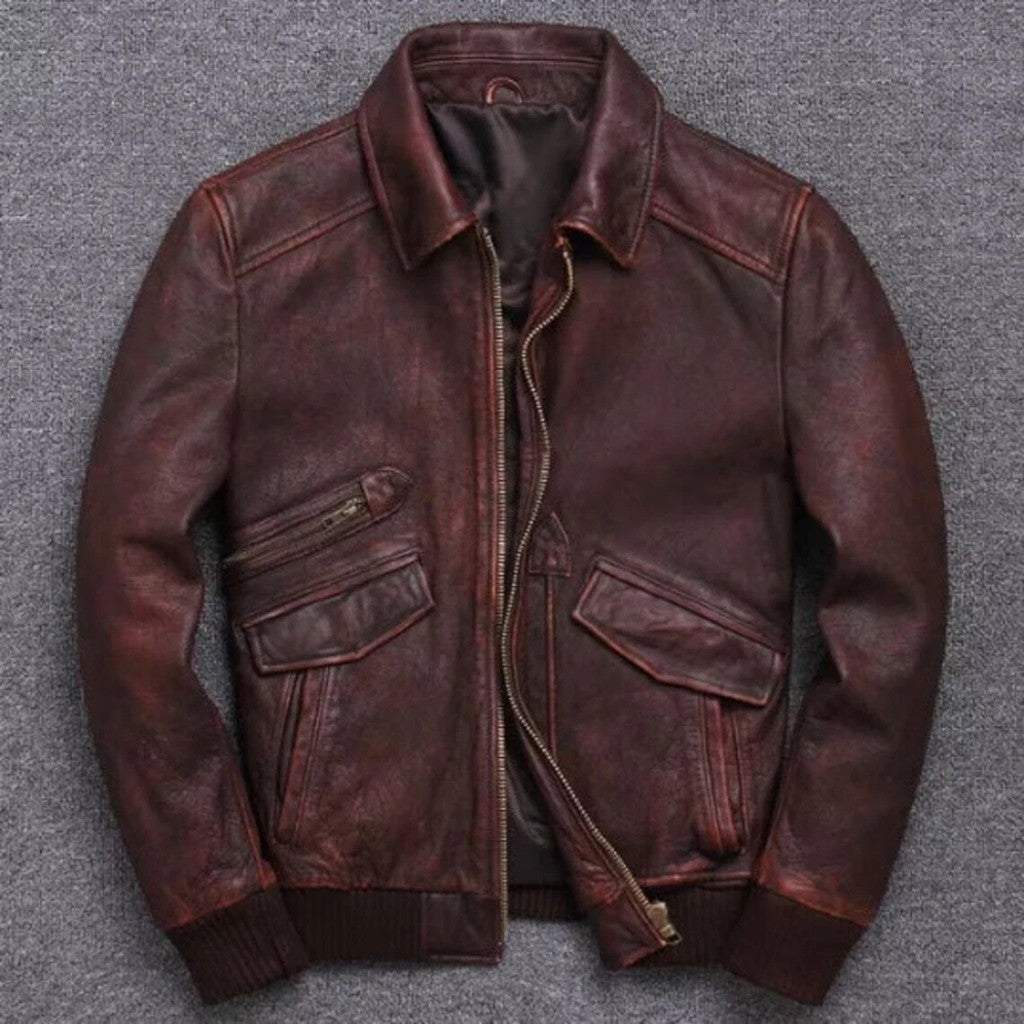 Majestic Leather - Men's Brown Biker Motorcycle Vintage Cafe Racer Real Leather Bomber Jacket