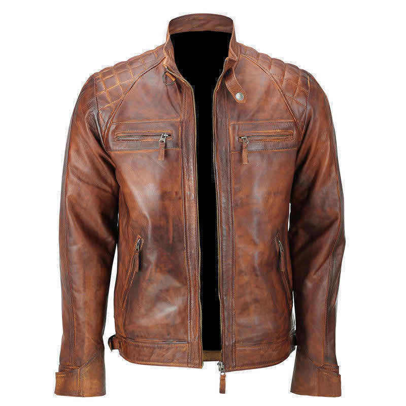 Majestic Leather - Men's Biker Quilted Vintage Distressed Motorcycle Cafe Racer Leather Jacket