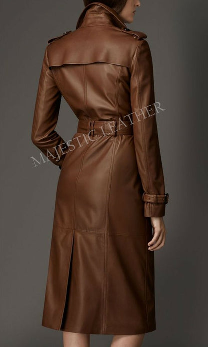 Majestic Leather - New Women Brown Genuine Real Leather Trench Coat