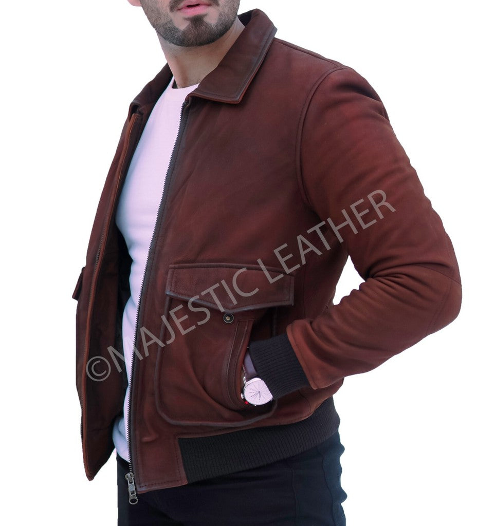 Majestic Leather - New Aviator Bomber Pilot Brown Nubuck Leather Jacket