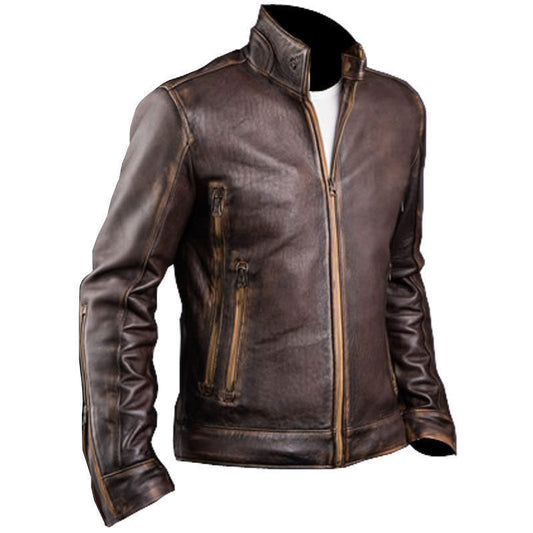 Majestic Leather - Mens Cafe Racer Stylish Biker Brown Distressed Leather Jacket