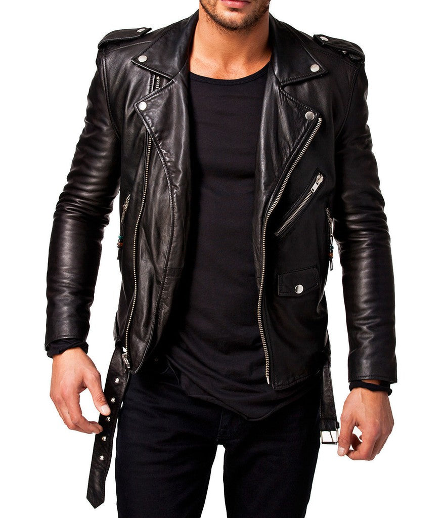 Majestic Leather - Men Leather Jacket Black Slim Fit Biker Leather Jacket