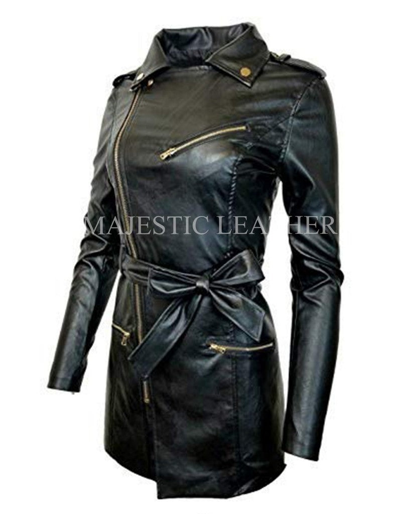 Majestic Leather - Women's Zip-up Long Jacket Belt Real Leather Trench Coats