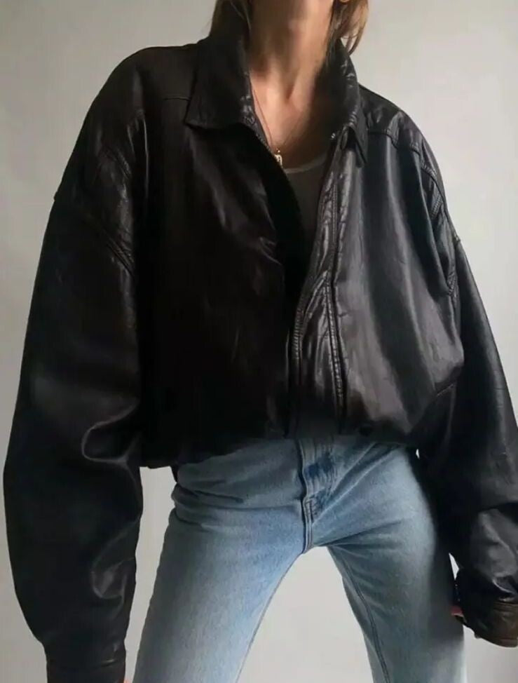 Majestic Leather - 90's Women Casual Oversize Bomber Lambskin Soft Real Leather Jacket