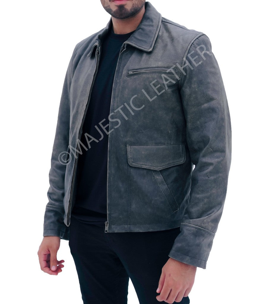 Majestic Leather - MEN'S AVIATOR DISTRESS BLACK GREY REAL LEATHER JACKET