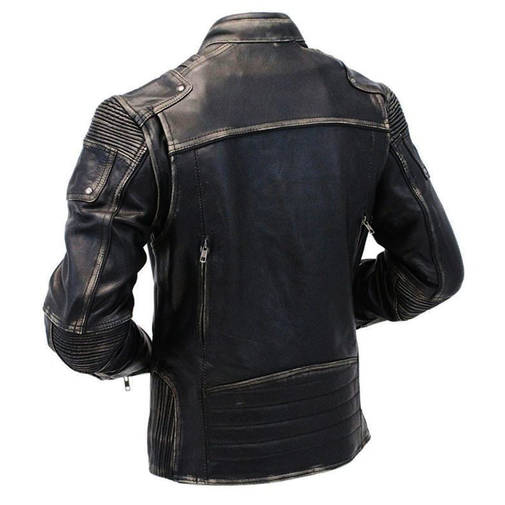 Majestic Leather - Men's Vintage Wrinkled Shoulder Biker Cafe Racer Distressed black Leather Jacket