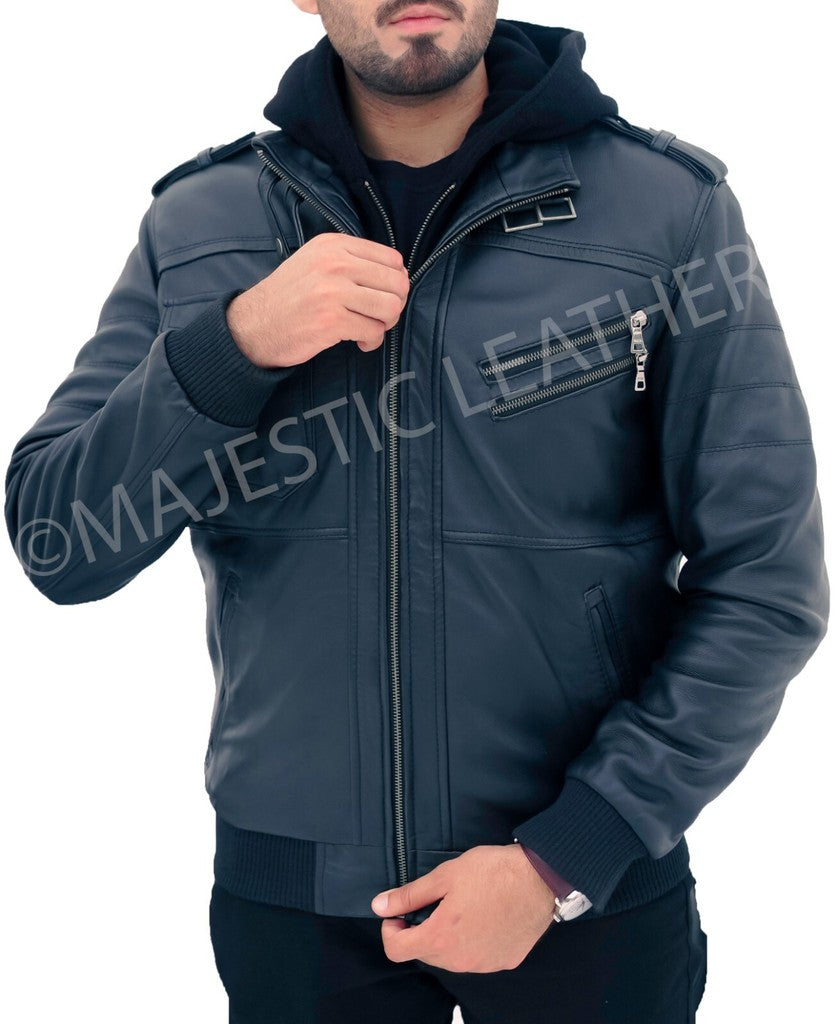 Majestic Leather - New Men's Genuine Real Leather Jacket Black Bomber Winter Hooded Jacket Coat