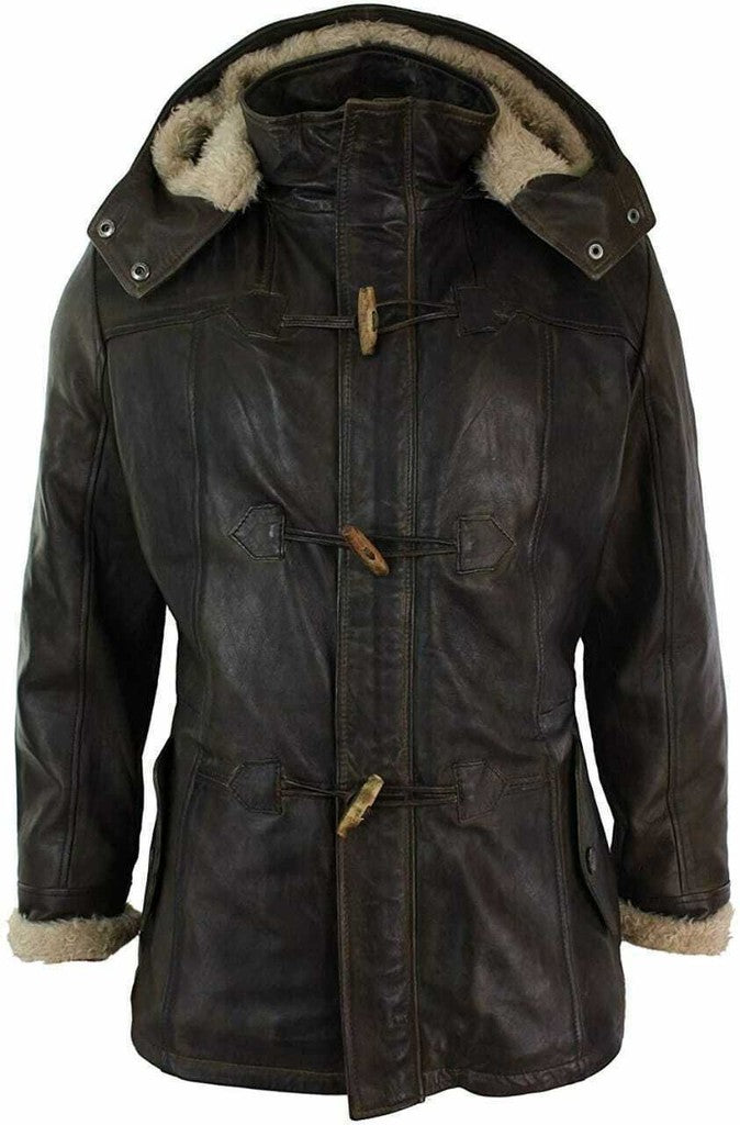 Majestic Leather - Mens Black Duffle Over Coat Trench Hooded Long Genuine Sheepskin Leather Jacket