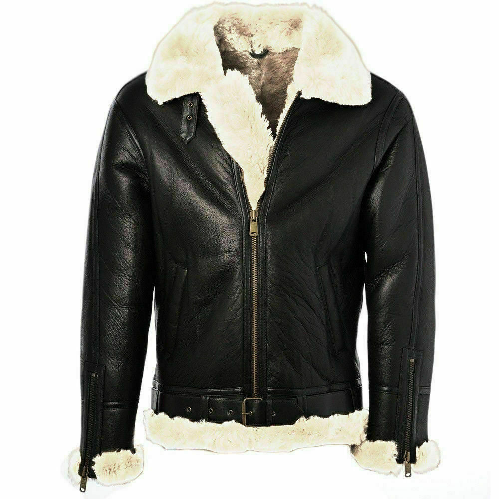 Majestic Leather - Mens Black Leather Jacket Genuine Sheepskin Aviator Fur B3 Bomber