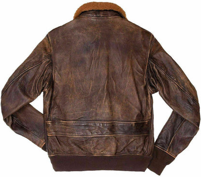 Majestic Leather - Mens Aviator Navy G-1 Flight Jacket Real Brown Distressed Leather Bomber Jacket