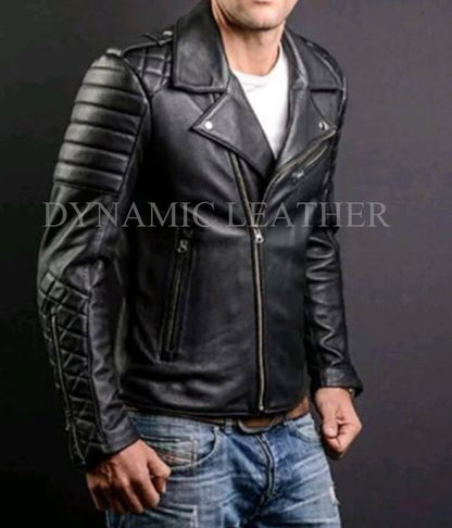 Majestic Leather - MEN’S FASHION GENUINE LEATHER SLIM FIT QUILTED BLACK LEATHER BIKER JACKET