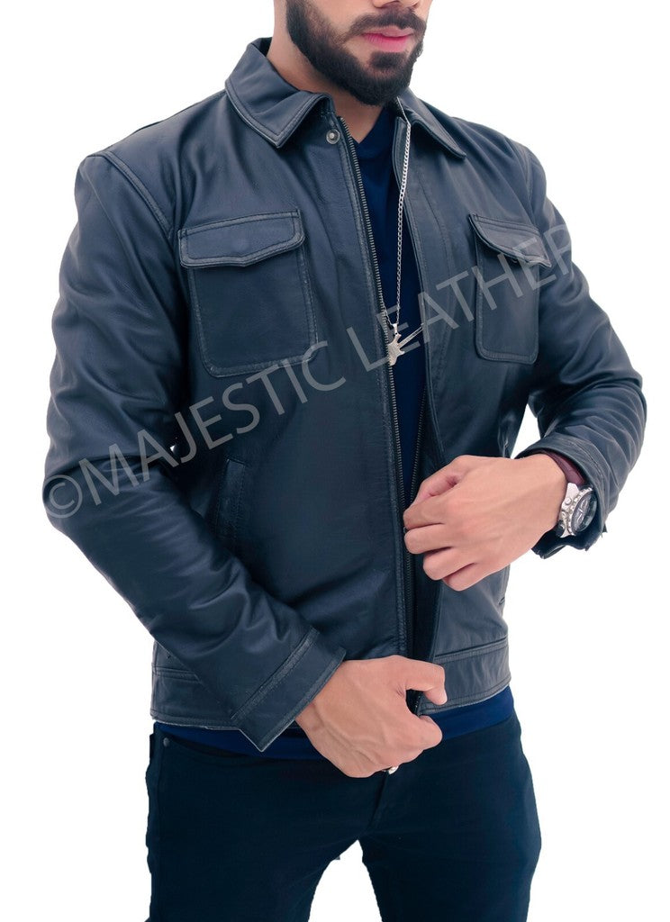 Majestic Leather - New Men's Betler Distress Black Real Leather Cowhide Jacket