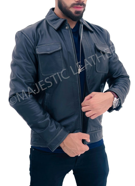 Majestic Leather - New Men's Betler Distress Black Real Leather Cowhide Jacket