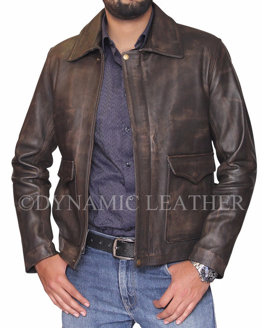 Majestic Leather - Indiana Jones Distressed Brown Genuine Cow Hide Skin Leather Jacket