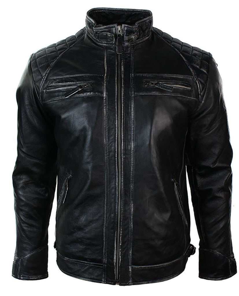 Majestic Leather - Mens Biker Quilted Vintage Distressed Motorcycle Cafe Racer Leather Jacket