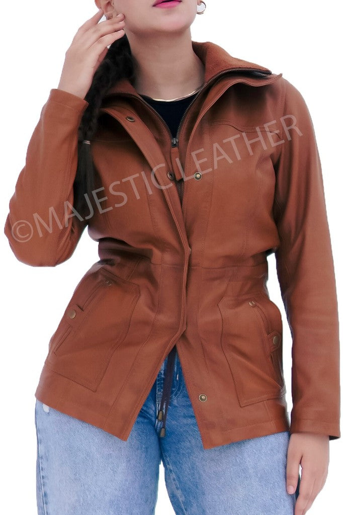 Majestic Leather - Women Real Lambskin Camel Brown THREE-QUARTER Biker Leather Coat