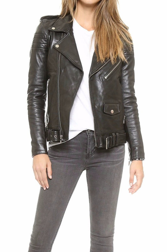 Majestic Leather - Womens Black Biker Motorcycle Slim fit Leather Jacket-BNWT