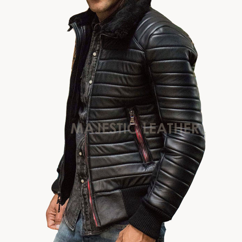 Majestic Leather - Men's Double Black Puffer Luxury Winter Real Leather Biker Racer Jacket