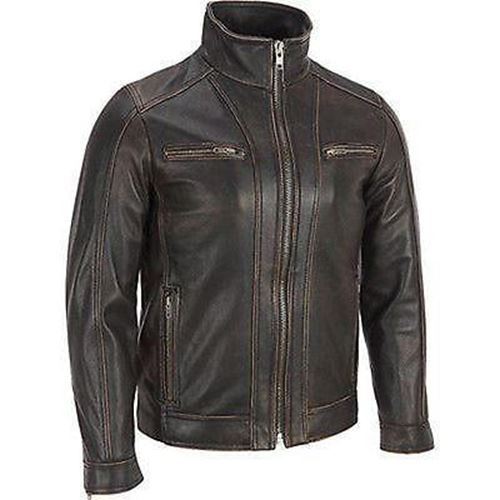 Majestic Leather - Men's BLACK Rivet Leather Faded-Seam Jacket Genuine Leather Jacket