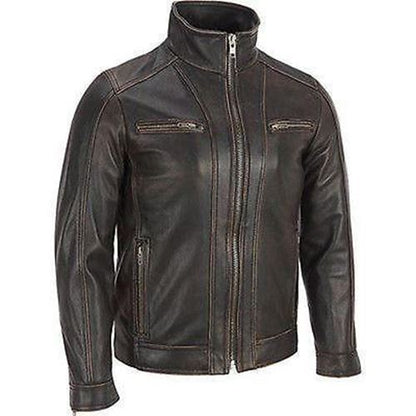 Majestic Leather - Men's BLACK Rivet Leather Faded-Seam Jacket Genuine Leather Jacket
