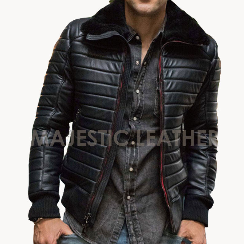 Majestic Leather - Men's Double Black Puffer Luxury Winter Real Leather Biker Racer Jacket